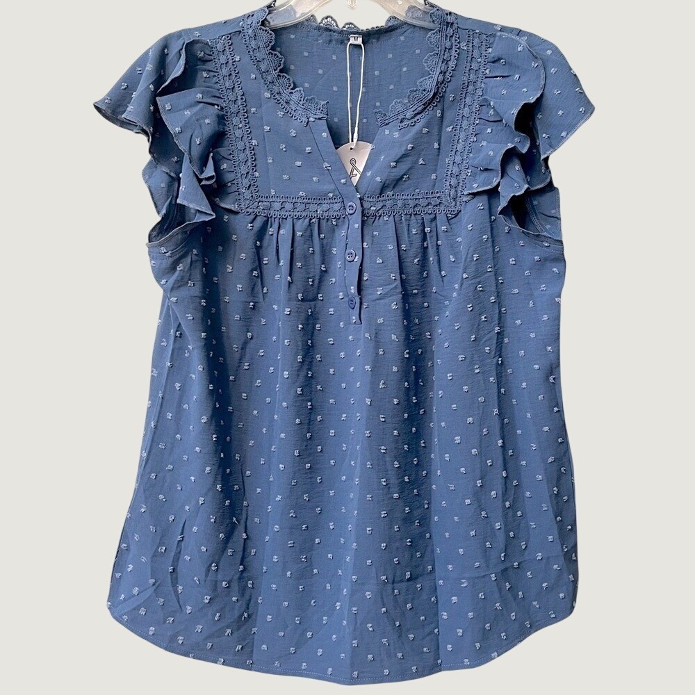 Dotted Ruffle Short Sleeve Blouse V Neck Womens Medium Blue Relaxed Fit NWT